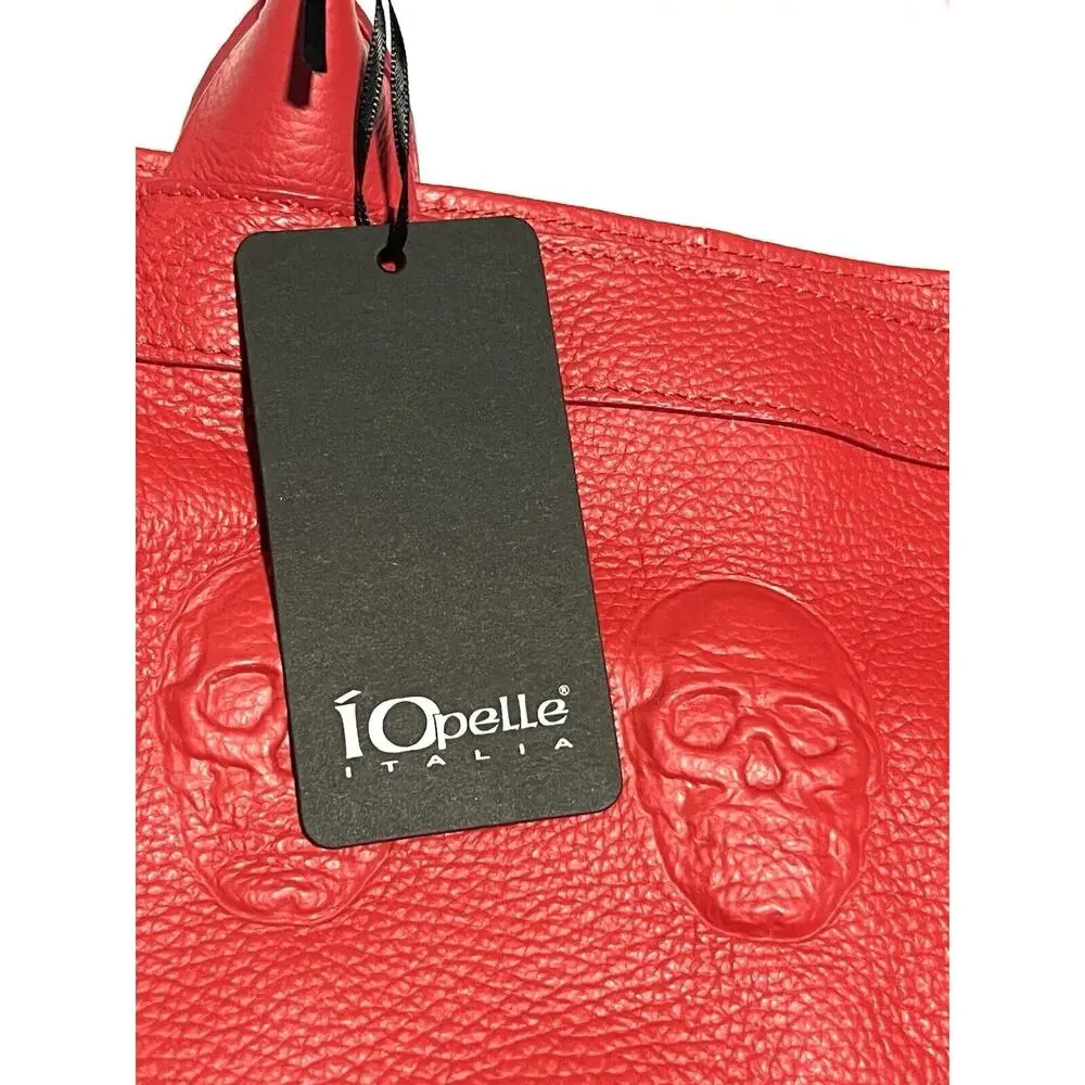 IO PELLE Italia Skull Embossed RED Leather Tote Bag XL Weekender Crossbody Strap